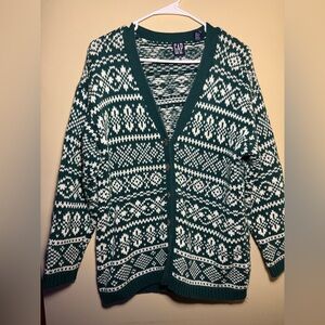 Vintage 90’s GAP Cardigan | Size Small | 100% Cotton | Green & White Abstract